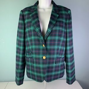 J. Crew Wool Blend Green & Navy Plaid Blazer Sz 10